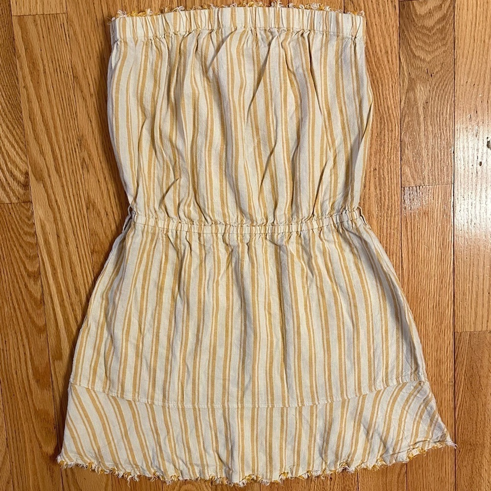 Cloth & Stone Anthropologie Yellow Striped Strapless frayed edge mini Dress Sz S